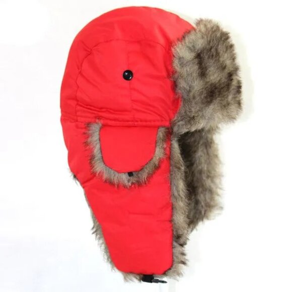 Red Winter Mens Ushanka Aviator Trapper Hat Russian Trooper Flap Faux‎ Fur Cap - Picture 1 of 4
